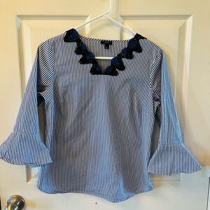 Talbots Blue and White Striped Blouse with Navy Accents and Bell Sleeves